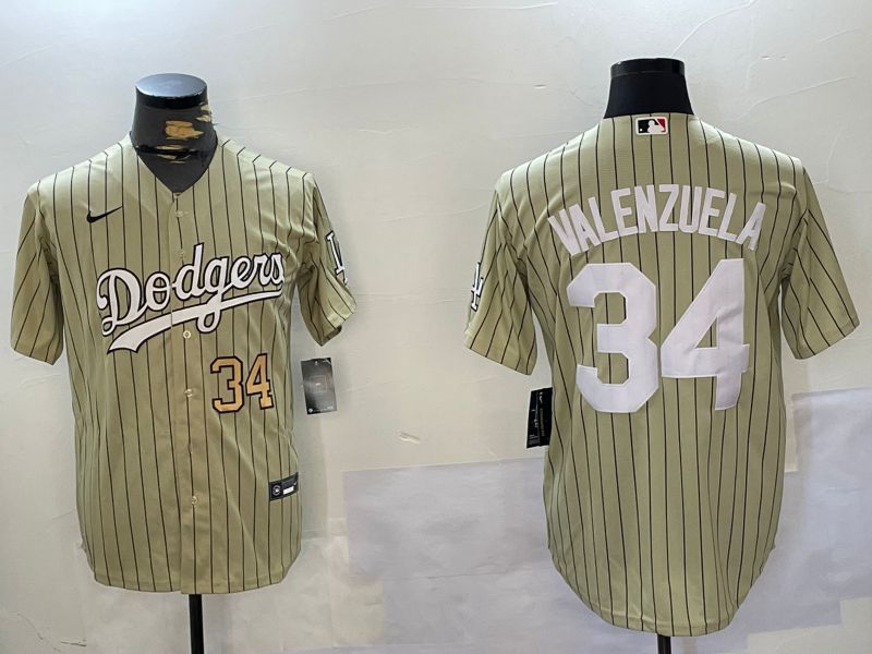 Men Los Angeles Dodgers 34 Valenzuela Green Stripe Game 2024 Nike MLB Jersey style 6